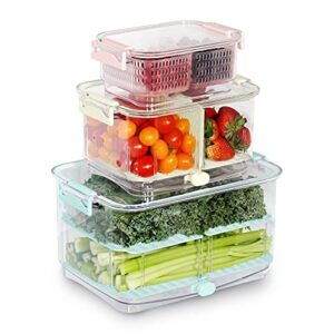 felli duo fresh produce saver + veggie fruit berry storage strainer bin + colander with drain, all in one container set for refrigerator, dishwasher safe, keep food lettuce fresh longer, kitchen vegetable keeper fridge organizer, housewarming mothers day