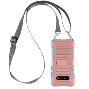 samsung galaxy s10 case with cross body strap and stand, 2 in 1 shockproof hybrid hard pc & soft rubber, crossbody lanyard perfect for go outside and women kid elderly,pink
