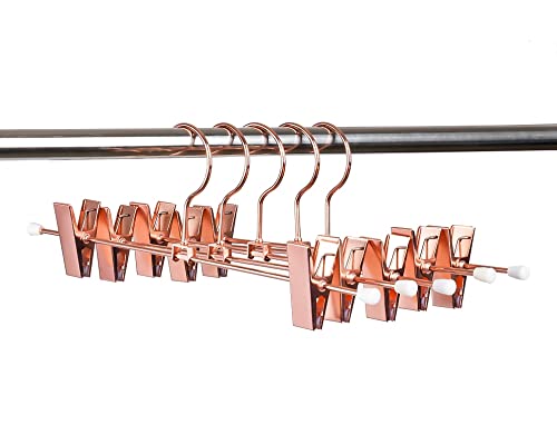 HUMIA 14 Inch Rose Copper Gold Metal Pants Skirts Hangers 12 Pack, Sturdy for Slacks Trousers with 2 Adjustable Non Slip Clips and Swivel Hook (Rose Copper, 12)