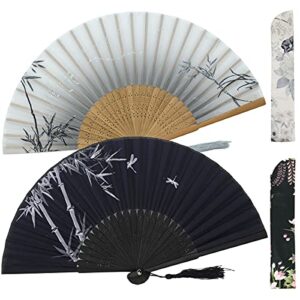 leehome small folding hand fans for women -chinese japanese 2pcs vintage bamboo silk fans - for dance, music festival, wedding, party, decorations,gift. (gray & black bamboo)