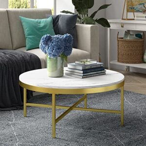 henn&hart 36" wide round coffee table with faux marble top in brass/faux marble, modern coffee tables for living room, studio apartment essentials