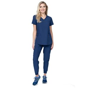 womens scrub set mock wrap & jogger pants 7 pocket 4-way stretch for nurse dentist elements select es2956 (navy, small)