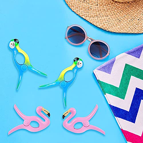 Beach Towel Clips, Sopito Beach Chair Clip Flamingo Towel Clips Parrot Towel Holder for Clothes Quilt Blanket Home Pool Chair, Set of 4