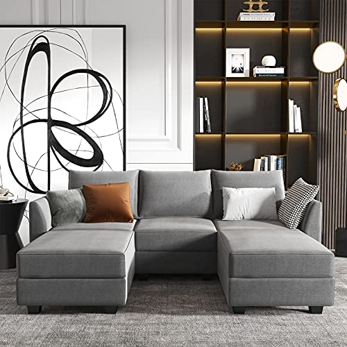 HONBAY Modular Sectional Sofa with Double Chaises U Shaped Sofa for Living Room Sectional Couch with Reversible Ottomans, Grey