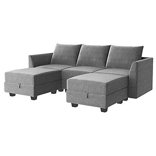 HONBAY Modular Sectional Sofa with Double Chaises U Shaped Sofa for Living Room Sectional Couch with Reversible Ottomans, Grey