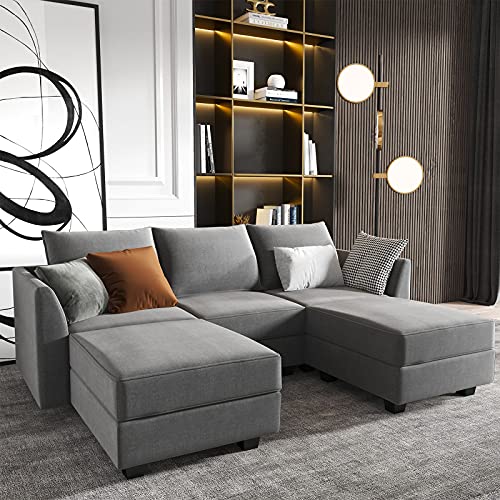 HONBAY Modular Sectional Sofa with Double Chaises U Shaped Sofa for Living Room Sectional Couch with Reversible Ottomans, Grey