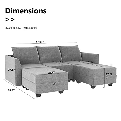 HONBAY Modular Sectional Sofa with Double Chaises U Shaped Sofa for Living Room Sectional Couch with Reversible Ottomans, Grey