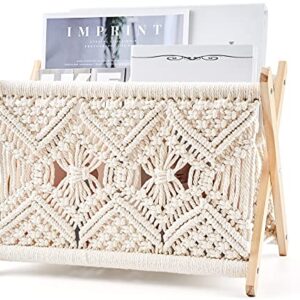 Mkono Macrame Magazine Rack Boho Magazine Holder Storage Standing Basket for Books, Newspapers, Swaddle Blanket, Living Room, Bathroom, Office, Nursery, Home Decor, Medium Size, 14’’L x 10’’W