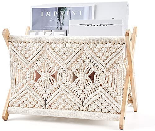 Mkono Macrame Magazine Rack Boho Magazine Holder Storage Standing Basket for Books, Newspapers, Swaddle Blanket, Living Room, Bathroom, Office, Nursery, Home Decor, Medium Size, 14’’L x 10’’W