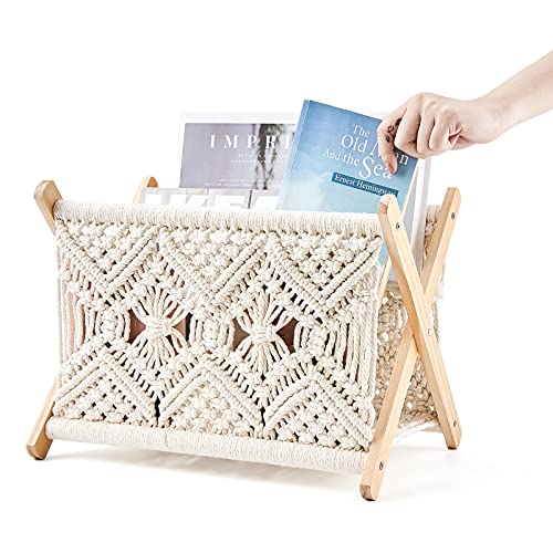 Mkono Macrame Magazine Rack Boho Magazine Holder Storage Standing Basket for Books, Newspapers, Swaddle Blanket, Living Room, Bathroom, Office, Nursery, Home Decor, Medium Size, 14’’L x 10’’W