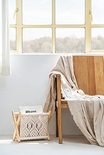 Mkono Macrame Magazine Rack Boho Magazine Holder Storage Standing Basket for Books, Newspapers, Swaddle Blanket, Living Room, Bathroom, Office, Nursery, Home Decor, Medium Size, 14’’L x 10’’W