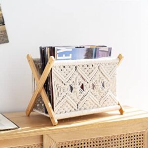 Mkono Macrame Magazine Rack Boho Magazine Holder Storage Standing Basket for Books, Newspapers, Swaddle Blanket, Living Room, Bathroom, Office, Nursery, Home Decor, Medium Size, 14’’L x 10’’W