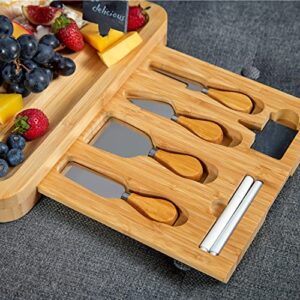 RoyalHouse Unique Bamboo Cheese Board and Knife Set with 2 Slide-Out Cutlery Drawers - Charcuterie Boards Set & Cheese Platter - Ideal Anniversary, Wedding and Housewarming Gift