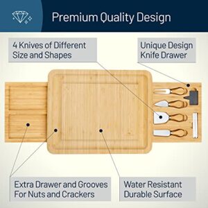 RoyalHouse Unique Bamboo Cheese Board and Knife Set with 2 Slide-Out Cutlery Drawers - Charcuterie Boards Set & Cheese Platter - Ideal Anniversary, Wedding and Housewarming Gift