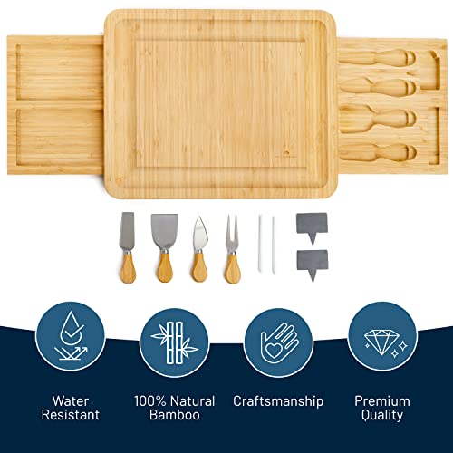 RoyalHouse Unique Bamboo Cheese Board and Knife Set with 2 Slide-Out Cutlery Drawers - Charcuterie Boards Set & Cheese Platter - Ideal Anniversary, Wedding and Housewarming Gift