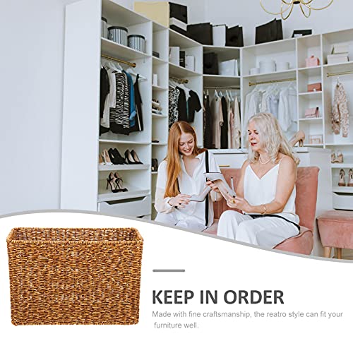 DOITOOL Rattan Storage Basket Simulation Woven Magazine Files Book Holder Rectangular Basket Bin Laundry Tote Basket for Bedroom Living Room Home