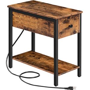 hoobro side table with charging station, narrow nightstand with drawer & usb ports & power outlets, end table for small spaces, in living room, bedroom, wood look accent table, rustic brown bf041bz01