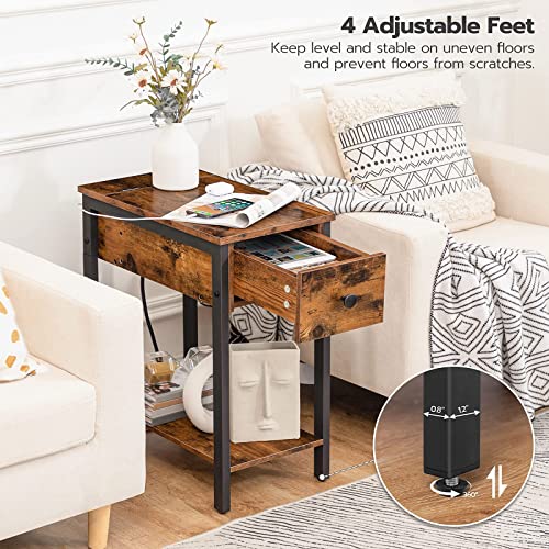 HOOBRO Side Table with Charging Station, Narrow Nightstand with Drawer & USB Ports & Power Outlets, End Table for Small Spaces, in Living Room, Bedroom, Wood Look Accent Table, Rustic Brown BF041BZ01