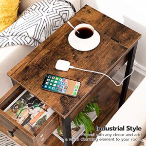 HOOBRO Side Table with Charging Station, Narrow Nightstand with Drawer & USB Ports & Power Outlets, End Table for Small Spaces, in Living Room, Bedroom, Wood Look Accent Table, Rustic Brown BF041BZ01