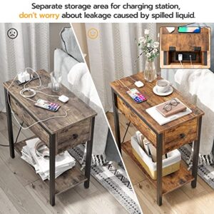 HOOBRO Side Table with Charging Station, Narrow Nightstand with Drawer & USB Ports & Power Outlets, End Table for Small Spaces, in Living Room, Bedroom, Wood Look Accent Table, Rustic Brown BF041BZ01