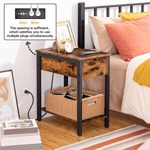 HOOBRO Side Table with Charging Station, Narrow Nightstand with Drawer & USB Ports & Power Outlets, End Table for Small Spaces, in Living Room, Bedroom, Wood Look Accent Table, Rustic Brown BF041BZ01