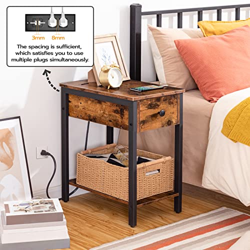 HOOBRO Side Table with Charging Station, Narrow Nightstand with Drawer & USB Ports & Power Outlets, End Table for Small Spaces, in Living Room, Bedroom, Wood Look Accent Table, Rustic Brown BF041BZ01