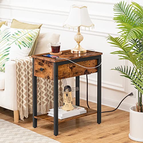 HOOBRO Side Table with Charging Station, Narrow Nightstand with Drawer & USB Ports & Power Outlets, End Table for Small Spaces, in Living Room, Bedroom, Wood Look Accent Table, Rustic Brown BF041BZ01