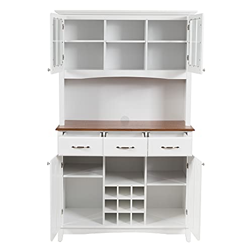 LOKO Kitchen Hutch Storage Cabinet, Sideboard Buffet Kitchen Cupboard with 4 Doors, 3 Drawers, 5 Adjustable Shelves and 9 Wine Grids, 44 x 17 x 72.5 inches (White)