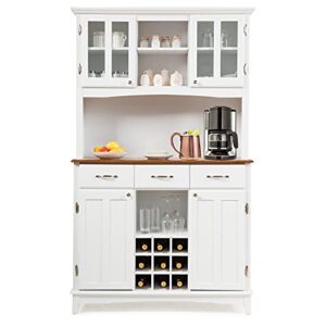 loko kitchen hutch storage cabinet, sideboard buffet kitchen cupboard with 4 doors, 3 drawers, 5 adjustable shelves and 9 wine grids, 44 x 17 x 72.5 inches (white)