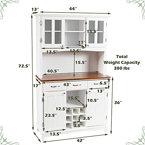 LOKO Kitchen Hutch Storage Cabinet, Sideboard Buffet Kitchen Cupboard with 4 Doors, 3 Drawers, 5 Adjustable Shelves and 9 Wine Grids, 44 x 17 x 72.5 inches (White)