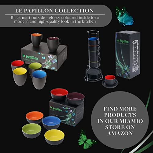 MIAMIO - 6 x 2.5 oz Stoneware Espresso Mug/Cup Set Outside Black Inside Colorful - Le Papillon Collection (Colorful)