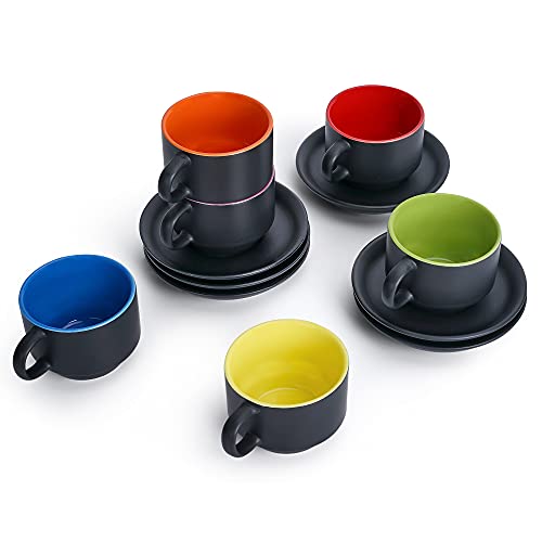 MIAMIO - 6 x 2.5 oz Stoneware Espresso Mug/Cup Set Outside Black Inside Colorful - Le Papillon Collection (Colorful)