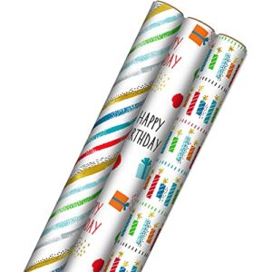 hallmark recycled wrapping paper with cutlines on reverse (3 rolls: 60 sq. ft. ttl) red, blue, green, gold stripes, candles, happy birthday" for kids and adults
