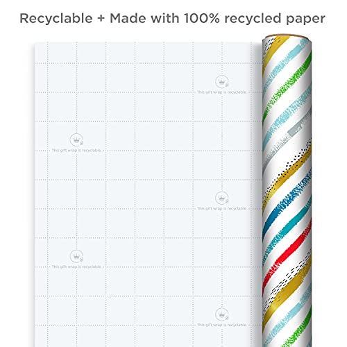Hallmark Recycled Wrapping Paper with Cutlines on Reverse (3 Rolls: 60 Sq. Ft. Ttl) Red, Blue, Green, Gold Stripes, Candles, Happy Birthday" for Kids and Adults