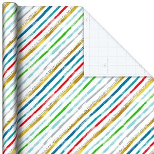 Hallmark Recycled Wrapping Paper with Cutlines on Reverse (3 Rolls: 60 Sq. Ft. Ttl) Red, Blue, Green, Gold Stripes, Candles, Happy Birthday" for Kids and Adults