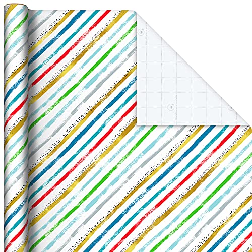 Hallmark Recycled Wrapping Paper with Cutlines on Reverse (3 Rolls: 60 Sq. Ft. Ttl) Red, Blue, Green, Gold Stripes, Candles, Happy Birthday" for Kids and Adults