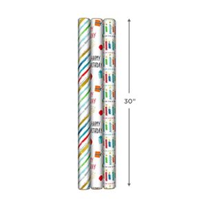 Hallmark Recycled Wrapping Paper with Cutlines on Reverse (3 Rolls: 60 Sq. Ft. Ttl) Red, Blue, Green, Gold Stripes, Candles, Happy Birthday" for Kids and Adults