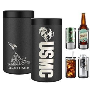 marine corps 4 in 1 insulated can cooler, stainless steel double-walled insulator for 12 oz standard or skinny slim cans, 12 oz beer bottles & mixed drinks – gifts for marines
