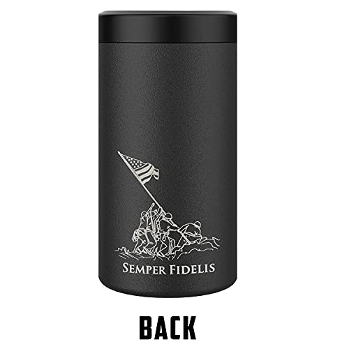 Marine Corps 4 in 1 Insulated Can Cooler, Stainless Steel Double-Walled Insulator for 12 oz Standard or Skinny Slim Cans, 12 Oz Beer Bottles & Mixed Drinks – Gifts for Marines