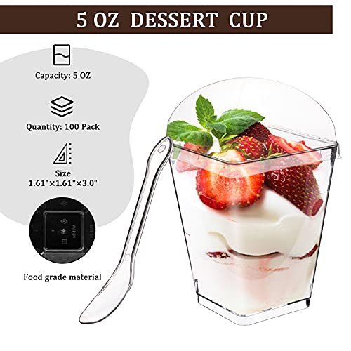 Monrocco 100 Pack 5 oz Dessert Cups with Lids and Spoons, Tall Appetizer Cups Clear Plastic Parfait Cups, Dessert Shot Glasses for Baby Shower Party, Wedding, Birthday Party