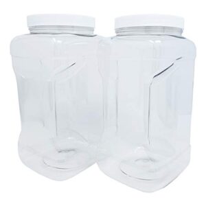 kelkaa 1 gallon clear pet plastic square wide mouth jars with grip handle and white ribbed lined caps, bpa free, multi-use containers, household dried food canisters, made in the usa (pack of 2)