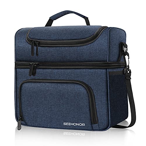 SEEHONOR Insulated Lunch Bag, 18L Leakproof Reusable Large Capacity Bag with Adjustable Strap, Three Deck Lunch Box for Office Camping Hiking Outdoor Picnic Beach (Double Decke Blue, Large)