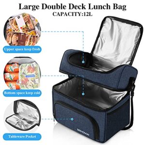 SEEHONOR Insulated Lunch Bag, 18L Leakproof Reusable Large Capacity Bag with Adjustable Strap, Three Deck Lunch Box for Office Camping Hiking Outdoor Picnic Beach (Double Decke Blue, Large)