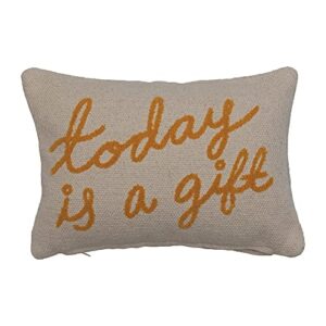 creative co-op embroidered cotton lumbar today is a gift in script pillow, cream & mustard