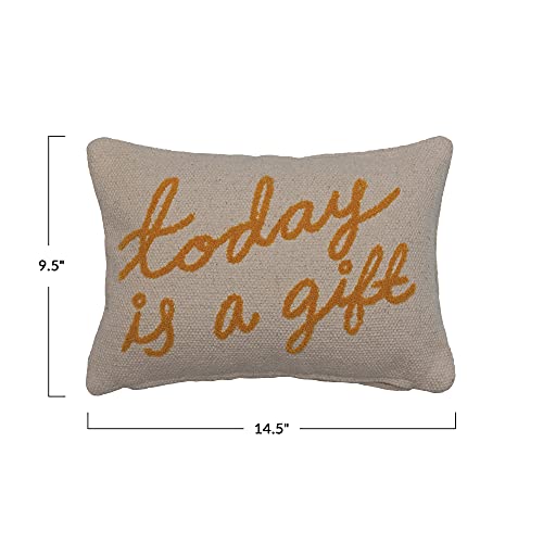 Creative Co-Op Embroidered Cotton Lumbar Today is A Gift in Script Pillow, Cream & Mustard