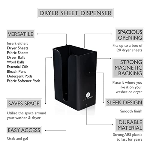 A.J.A. & MORE Lint Holder Bin and Dryer Sheet Dispenser Magnetic for Laundry Room Organization (Matte Black)