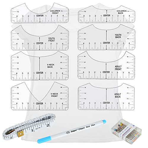 Koogel 8 Pcs Tshirt Ruler, T-Shirt Alignment Guide Tool Tshirt Ruler Guide T Shirt Rulers to Center Designs for Transparent V-Neck/Round T Ruler Children Youth Adult Front and Back Measurement