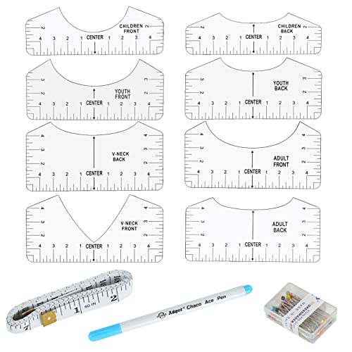 Koogel 8 Pcs Tshirt Ruler, T-Shirt Alignment Guide Tool Tshirt Ruler Guide T Shirt Rulers to Center Designs for Transparent V-Neck/Round T Ruler Children Youth Adult Front and Back Measurement