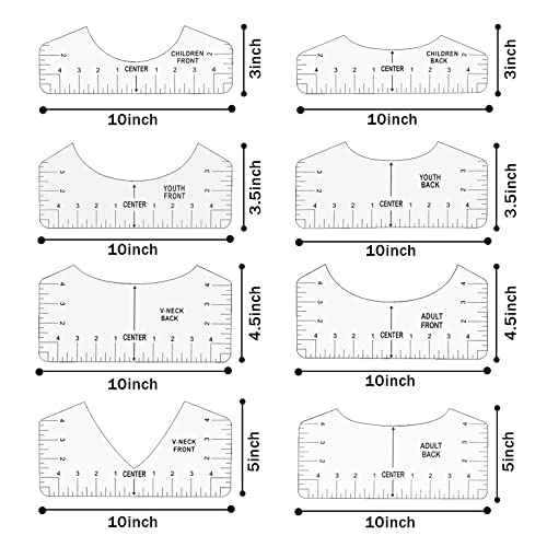 Koogel 8 Pcs Tshirt Ruler, T-Shirt Alignment Guide Tool Tshirt Ruler Guide T Shirt Rulers to Center Designs for Transparent V-Neck/Round T Ruler Children Youth Adult Front and Back Measurement