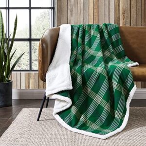 eddie bauer - throw blanket, cotton flannel home decor, all season reversible sherpa bedding (union bay green, throw)